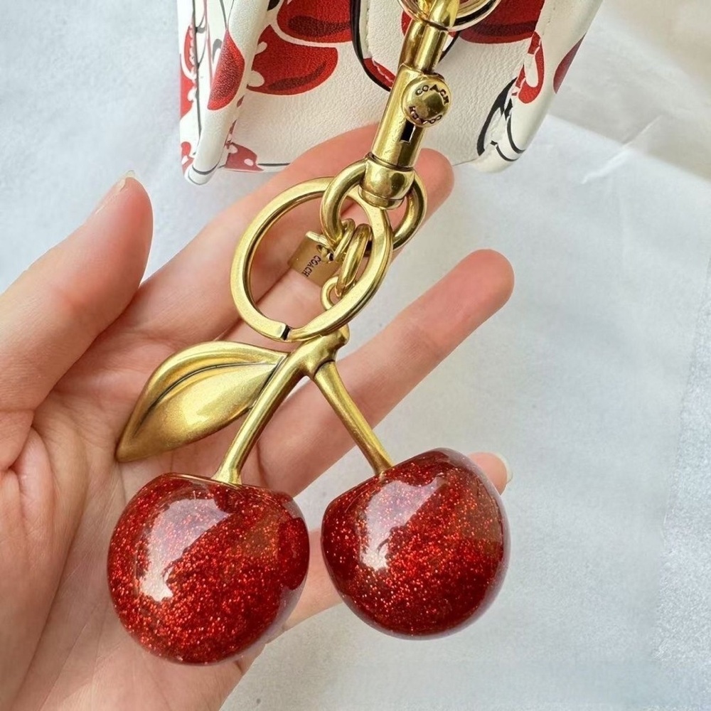 Glittering Red and Gold Cherry Keychain
